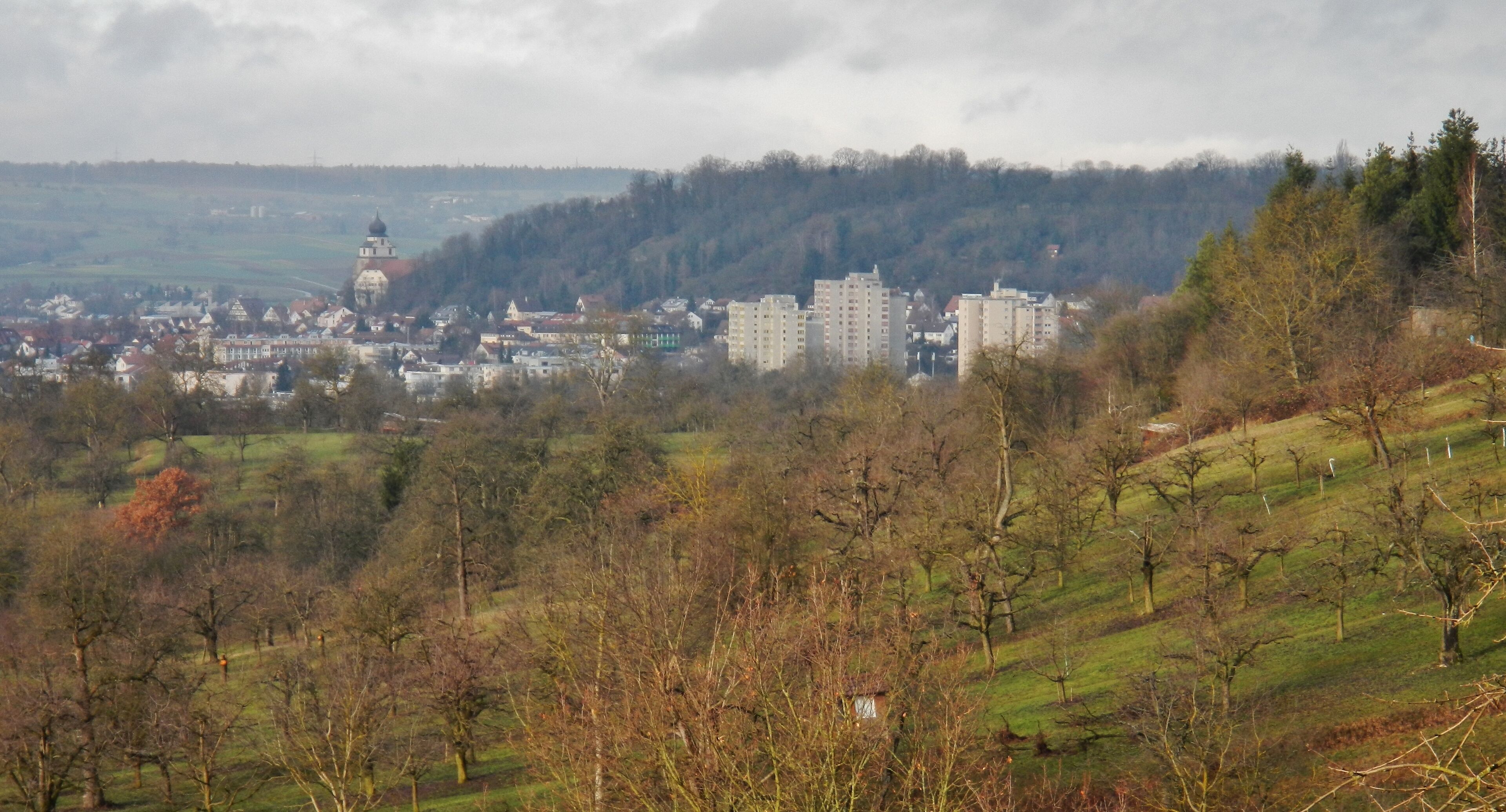 A town with a prominent church tower, surrounded by hills and sparse trees.