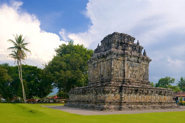 Un vaste temple en pierre, orné de sculptures complexes, entouré d’une végétation luxuriante et de palmiers.