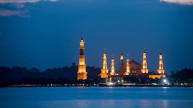 A mosque with multiple minarets and a large dome, illuminated at night.