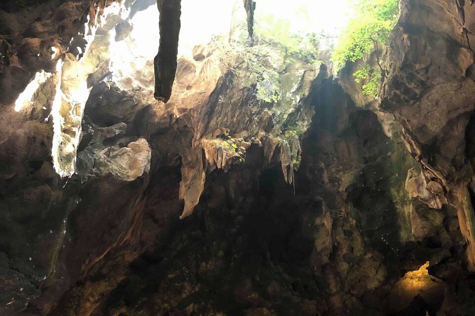 A cave with a large golden Buddha statue, smaller Buddha statues, and a shrine area.