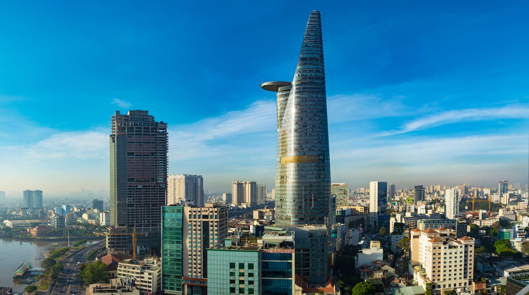 Ho Chi Minh (Saigon) City, Vietnam - CIRCA 2019: Saigon aerial cityscape, showing Saigon River on the left and Bitexco Financial Tower on the right.