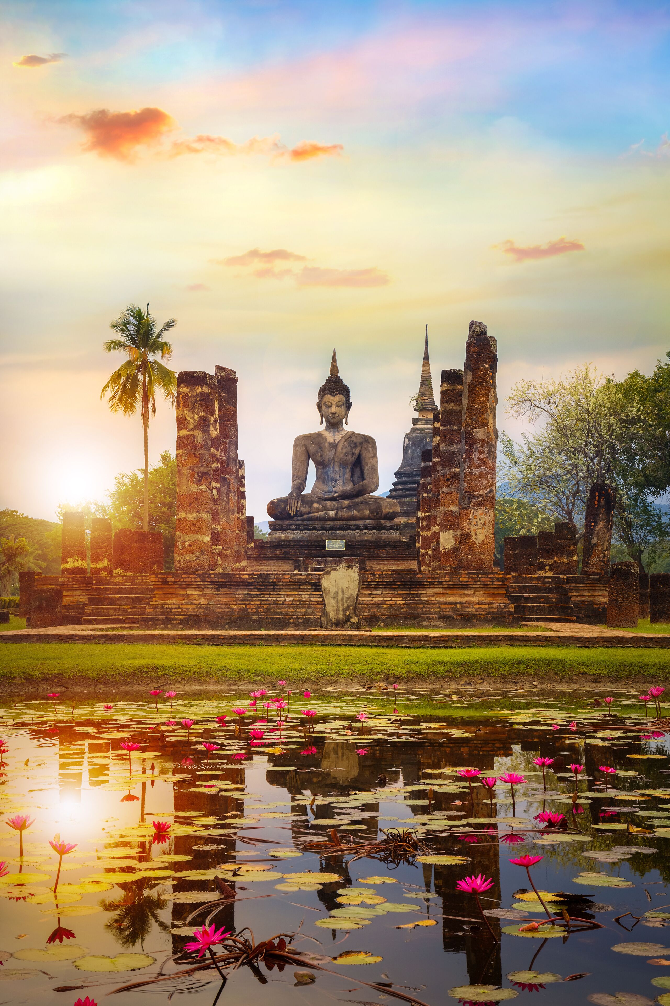 Wat Mahathat Temple at Sukhothai Historical Park, a UNESCO World Heritage Site in Thailand