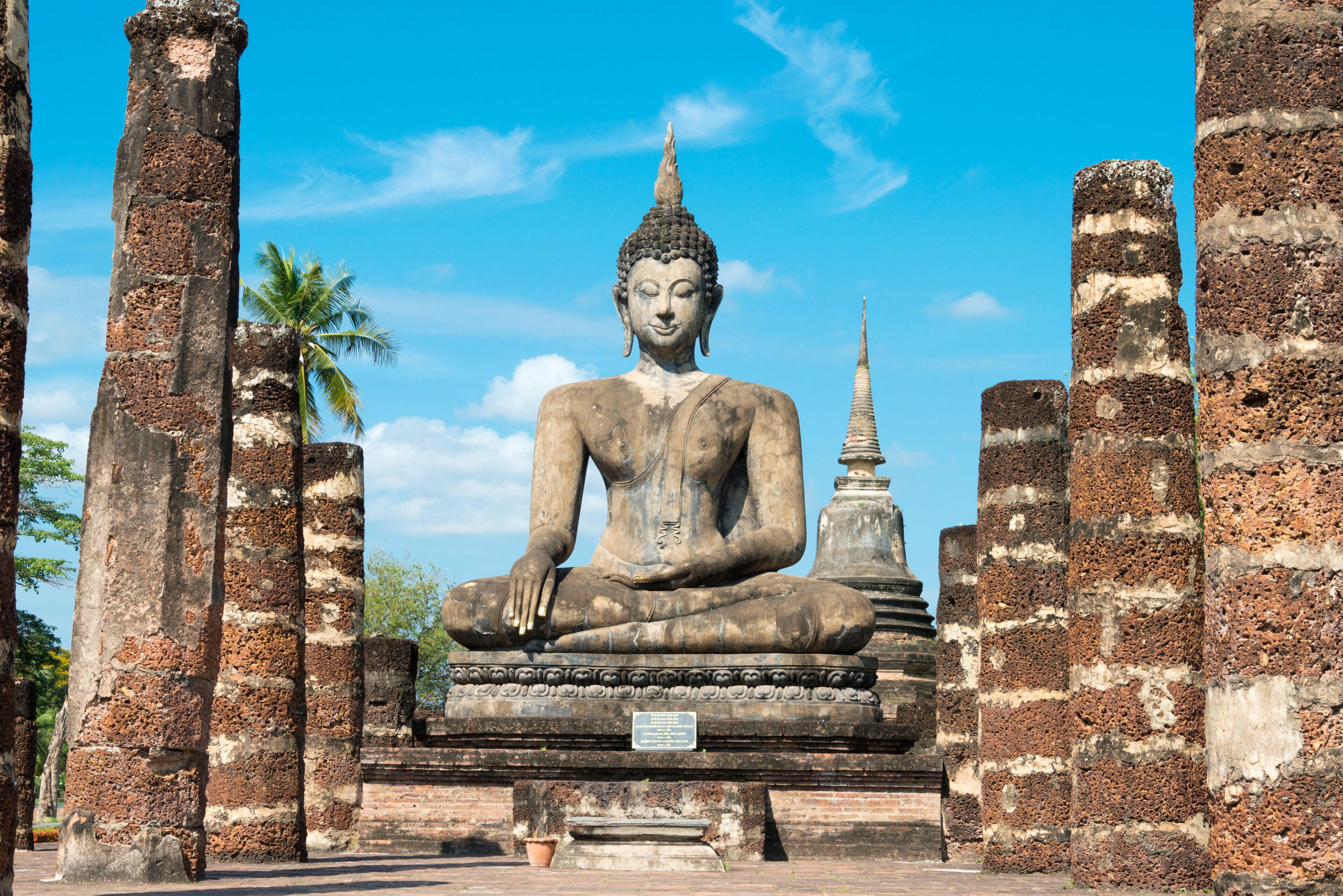 Sukhothai, Thailand - Apr 08 2018: Wat Mahathat in Sukhothai Historical Park, Sukhothai, Thailand. It is part of the World Heritage Site - Historic Town of Sukhothai and Associated Historic Towns.