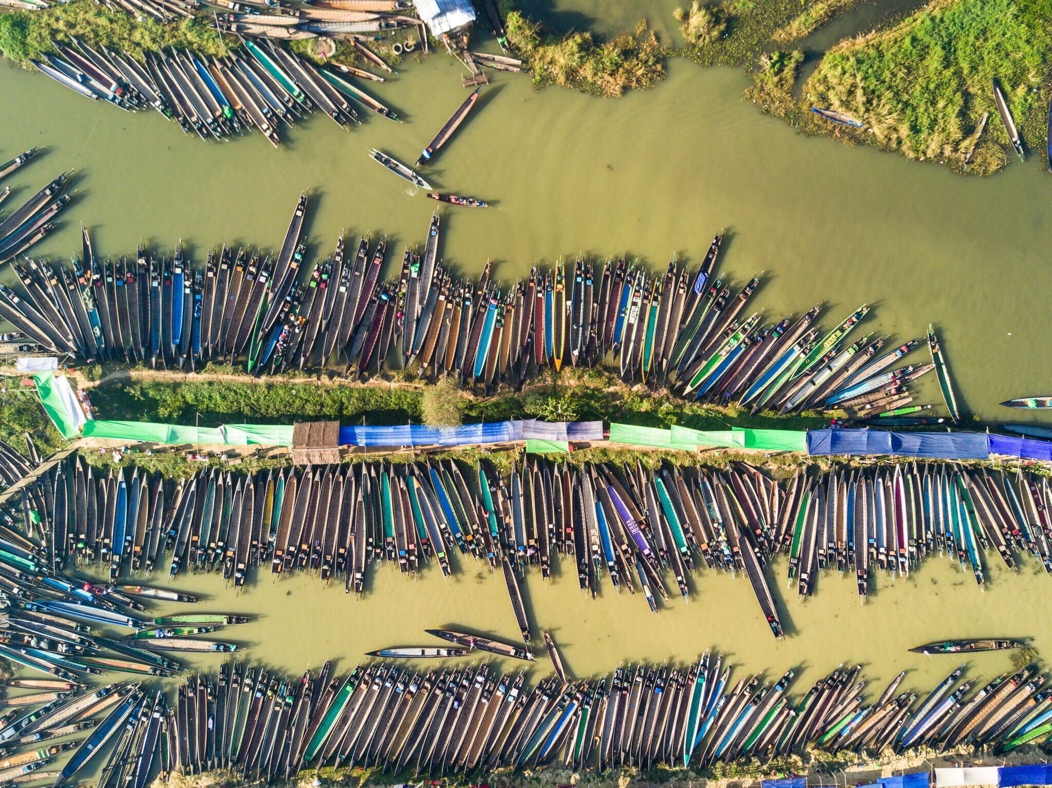 An aerial view of a large number of canoes lined up in rows along a riverbank.
