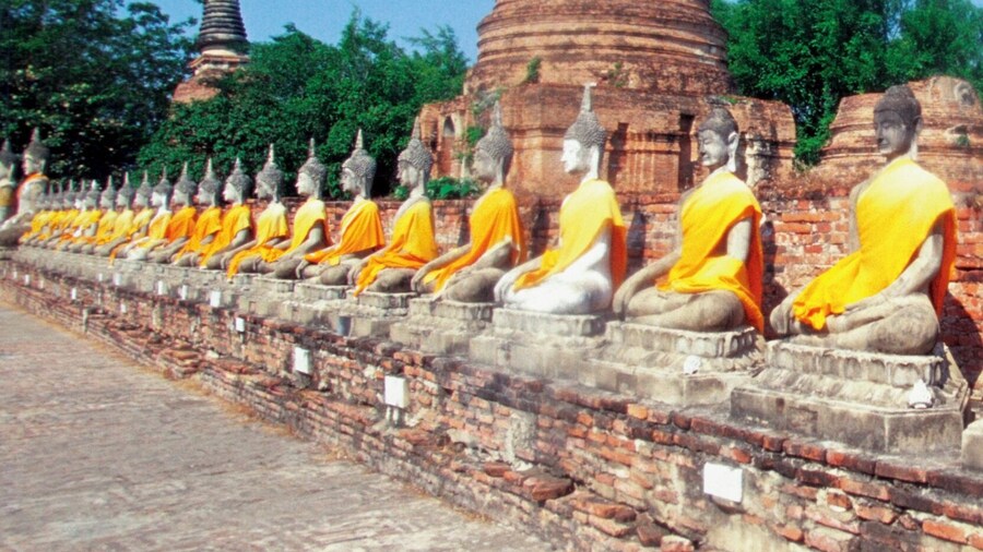 Statues of Buddha in a row, Wat Yai Chai Mongkhon Temple, Bangkok, Thailand