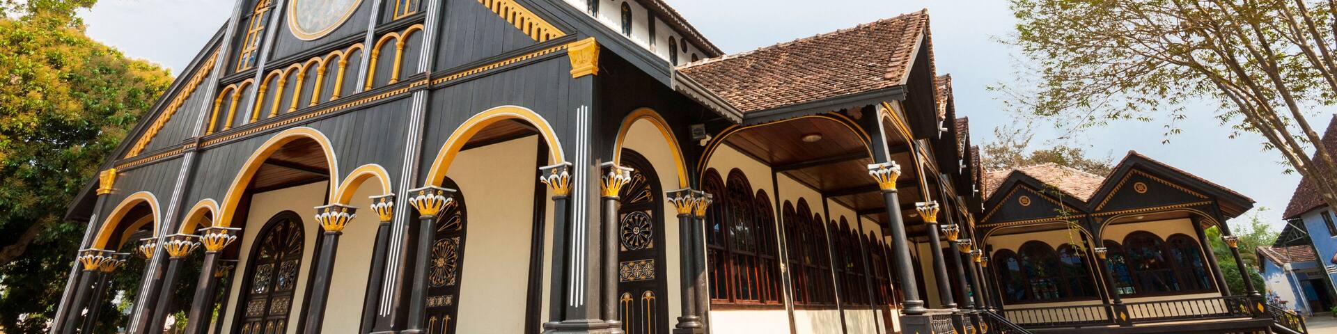 Exterior of ancient Catholic wooden church in Kon Tum, Vietnam, Asia.