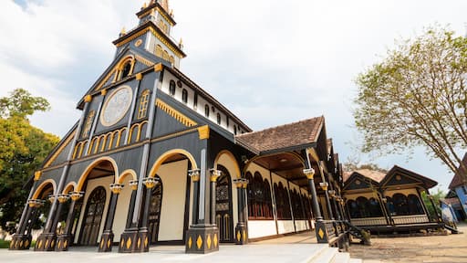 Exterior of ancient Catholic wooden church in Kon Tum, Vietnam, Asia.