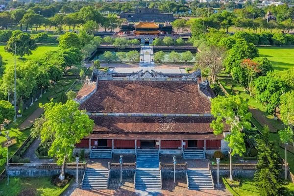 Wonderful view of the Thai Hoa palace in the Imperial City with the Purple Forbidden City within the Citadel in Hue, Vietnam. Imperial Royal Palace of Nguyen dynasty in Hue. Hue is a popular