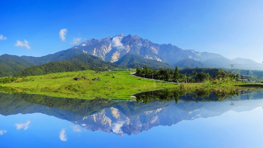 Reflection Beautiful View of Mount Kinabalu During Blue Sky.