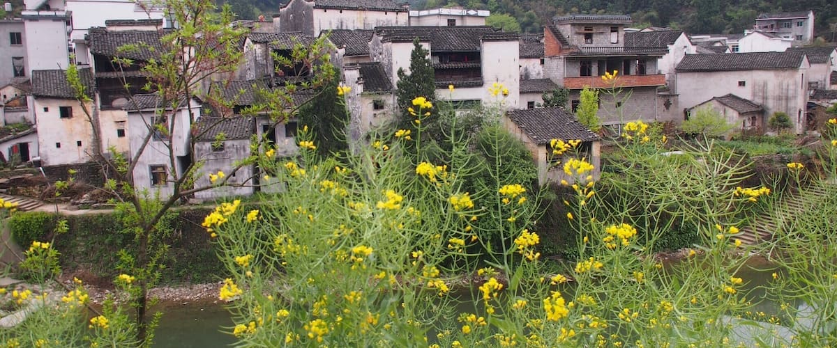 A traditional village with white buildings and green hills in the background.