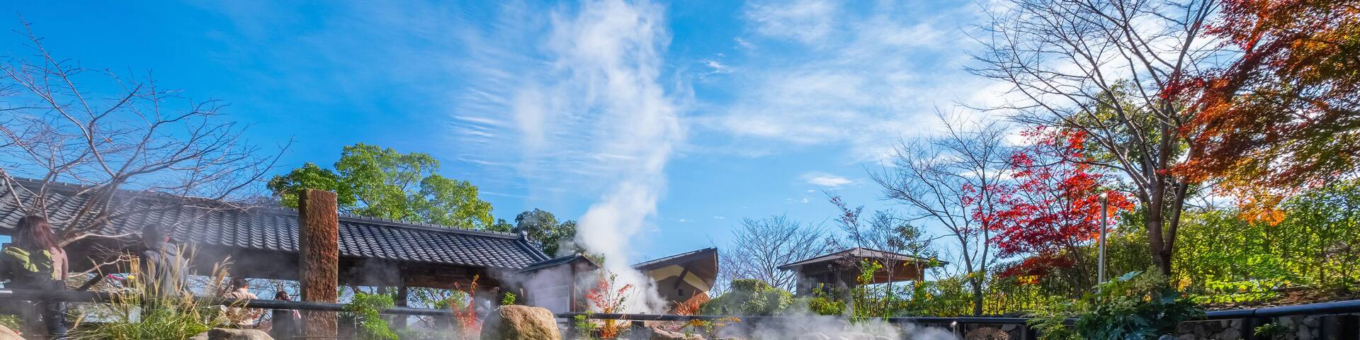 Beppu, Japan - Nov 25 2022: Oniishibozu Jigoku hot spring in Beppu, Oita. The town is famous for its onsen (hot springs). It has 8 major geothermal hot spots, referred to as the "eight hells of Beppu"