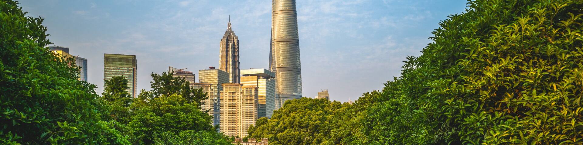 skyline of shanghai city and a wooden pathway