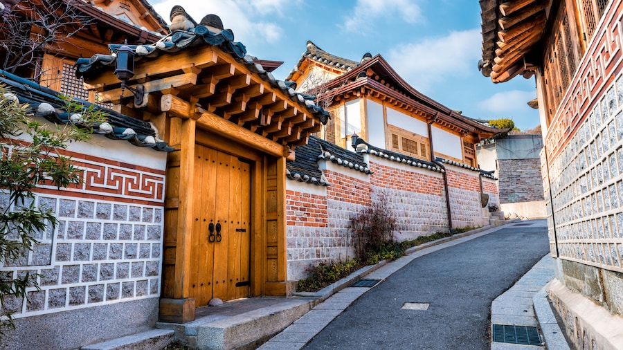 Traditional Korean style architecture at Bukchon Hanok Village in Seoul, South Korea.