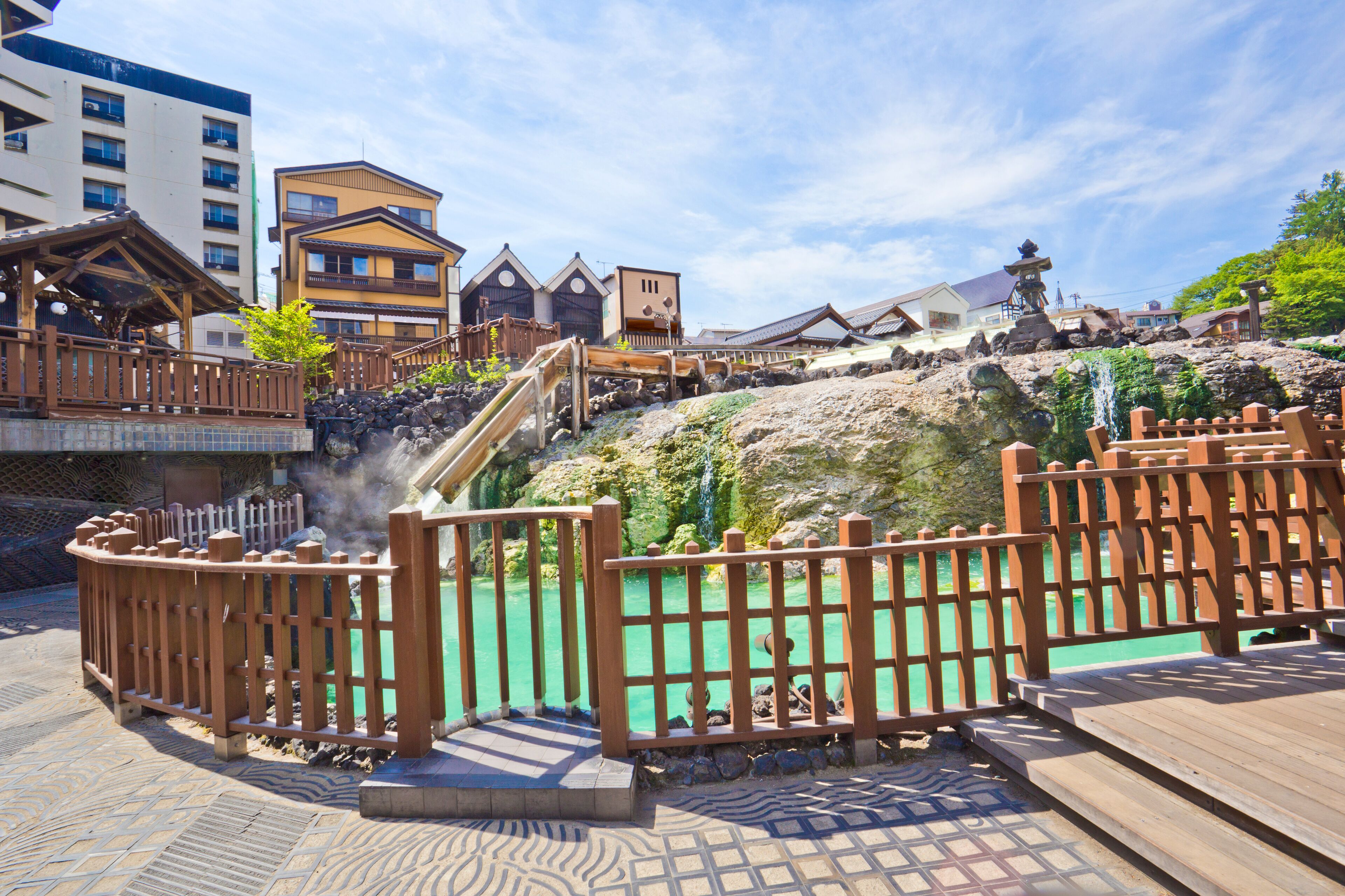 
Yubatake onsen, hot spring wooden boxes with mineral water in Kusatsu onsen, Gunma prefecture, Japan.