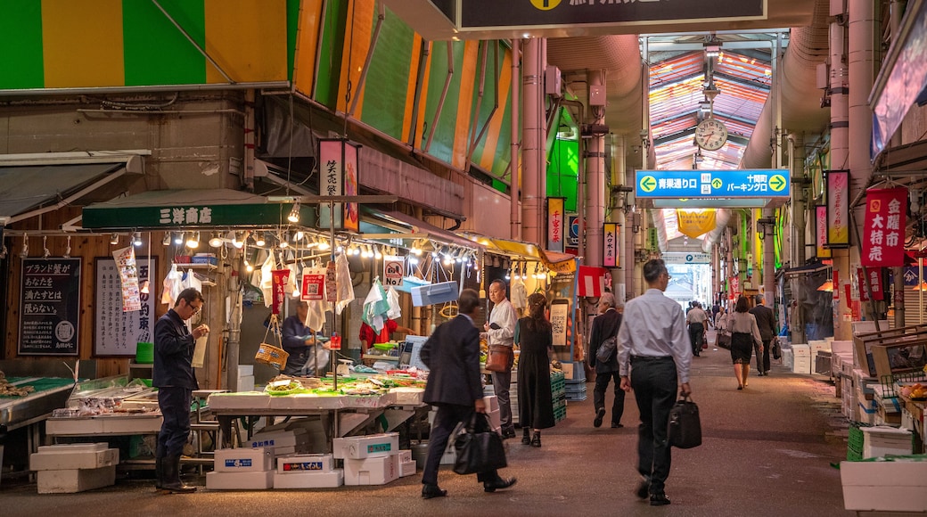 Omicho Market which includes street scenes and night scenes