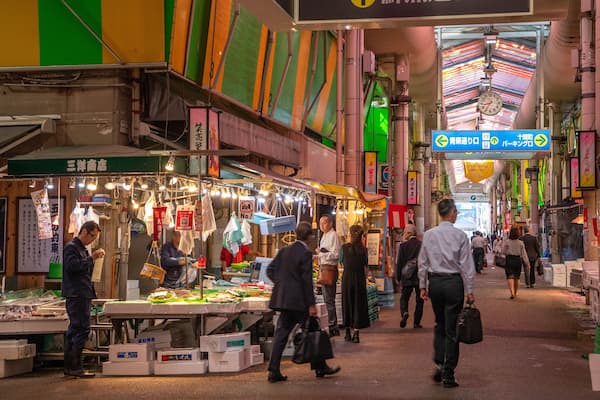 Omicho Market which includes street scenes and night scenes