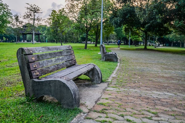 Un parc avec un banc en bois et un banc en béton, le tout situé sur un chemin pavé.