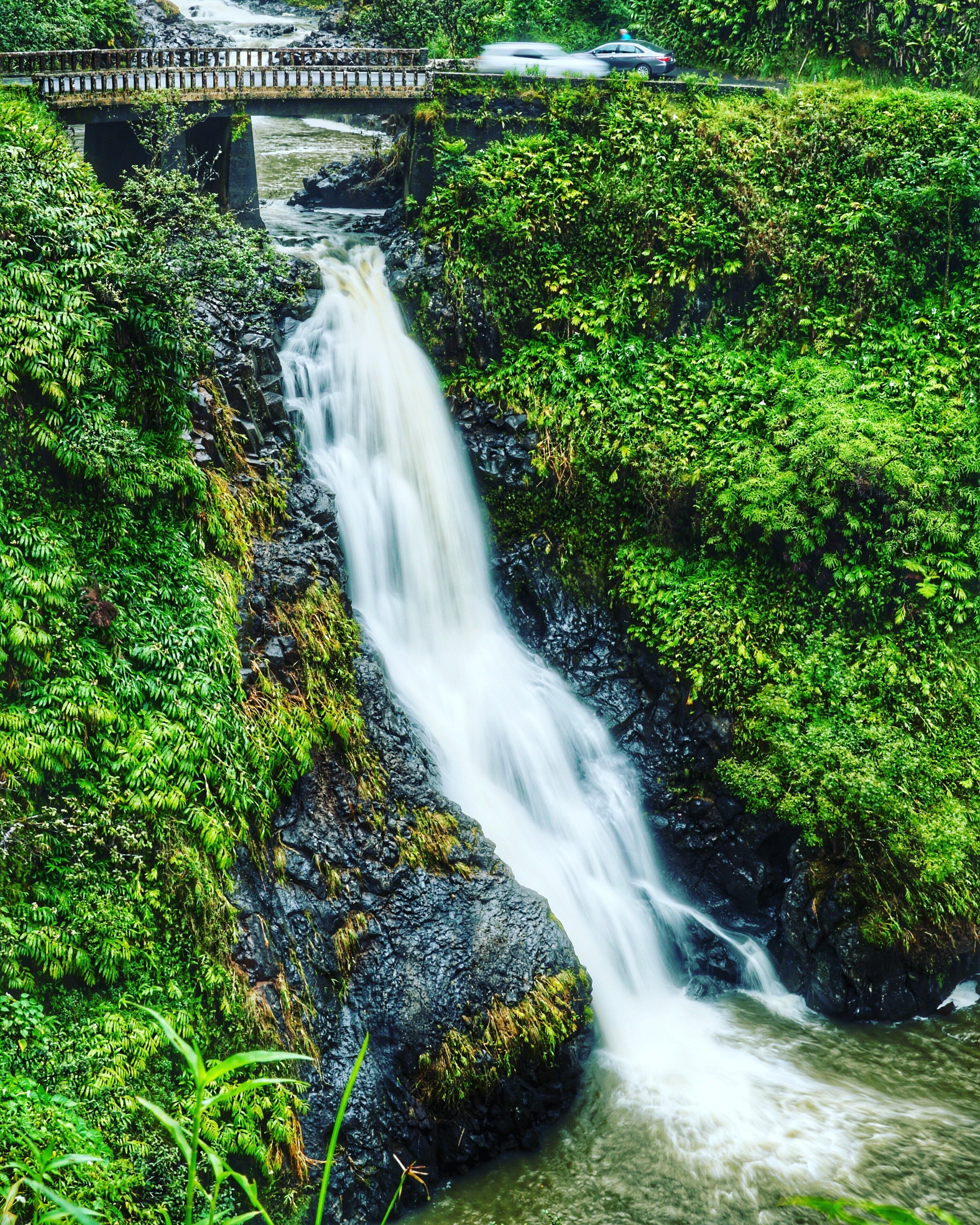 Amazing 200 ft water falls near garden of eden on the road to Hana in Maui