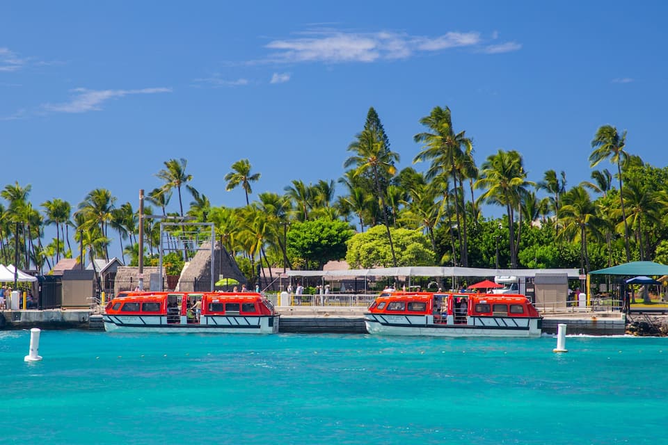 A tropical beach with clear turquoise water, palm trees, and red boats docked at a pier.