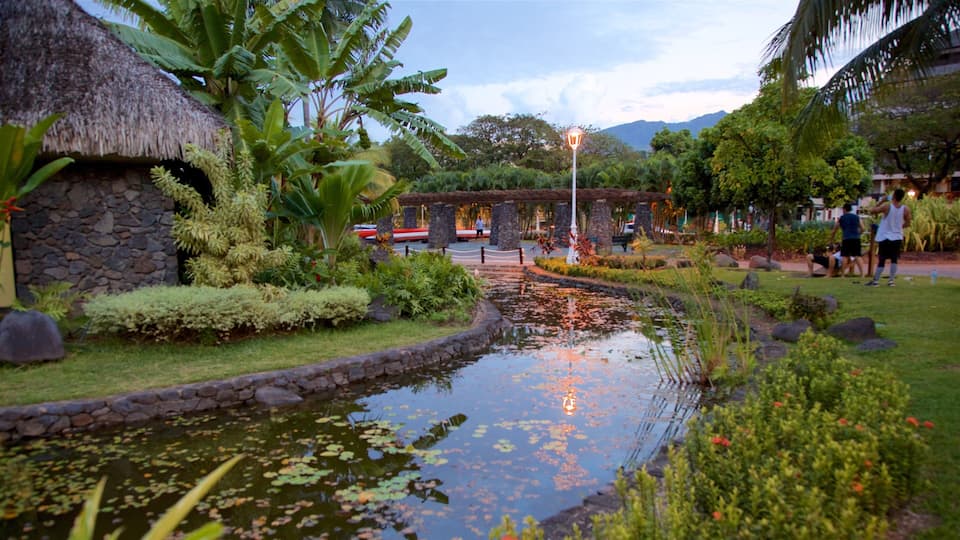 A garden with a pond, stone walls, and tropical plants.