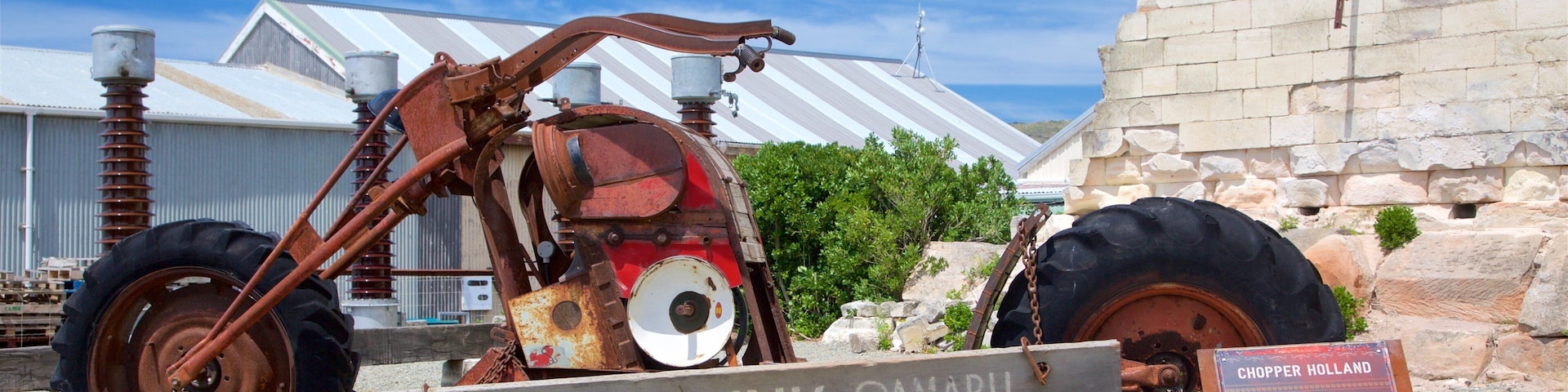 A rusted tractor with a wooden sign labeled "STEAMPUNK OAMARU".