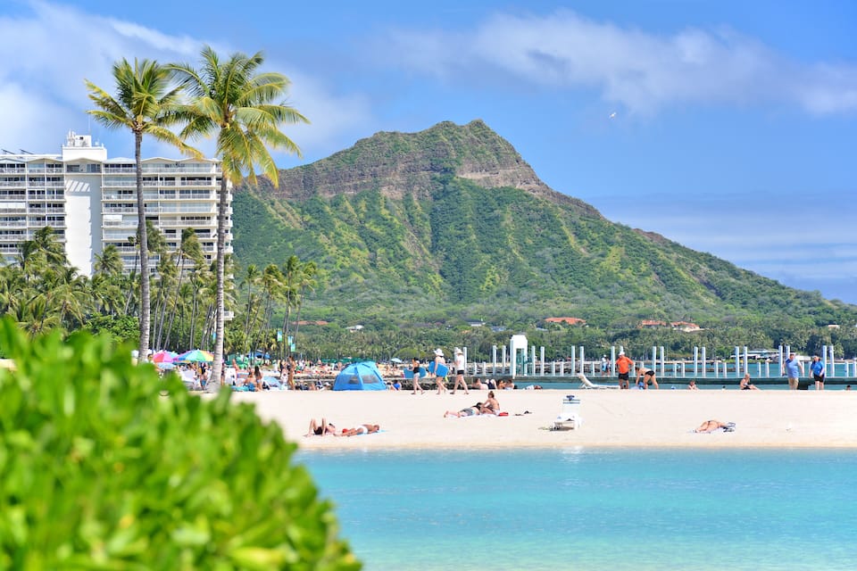 Een strand met palmbomen, een berg en een hotel in de verte.