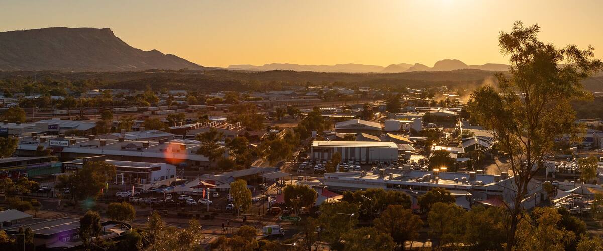 Anzac Hill which includes landscape views, a small town or village and a sunset