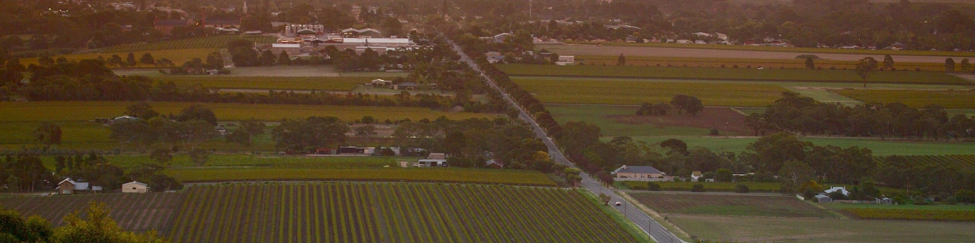 Mengler Hill Lookout showing a small town or village, a sunset and farmland