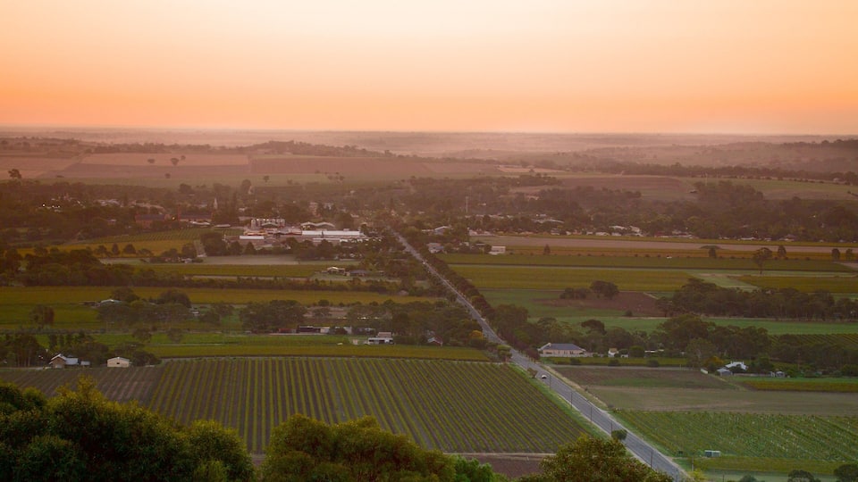A rural landscape with fields, a road, and scattered buildings.