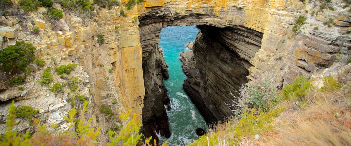 A natural rock arch formation with a narrow passage through it, surrounded by greenery and overlooking a body of water.