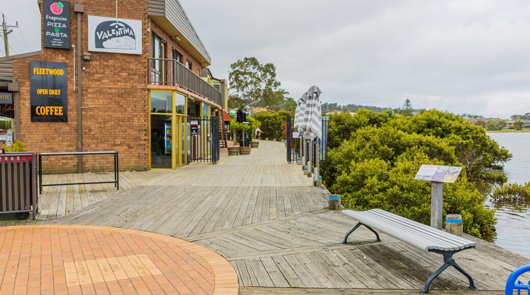 Merimbula Boardwalk featuring a small town or village and a bay or harbor