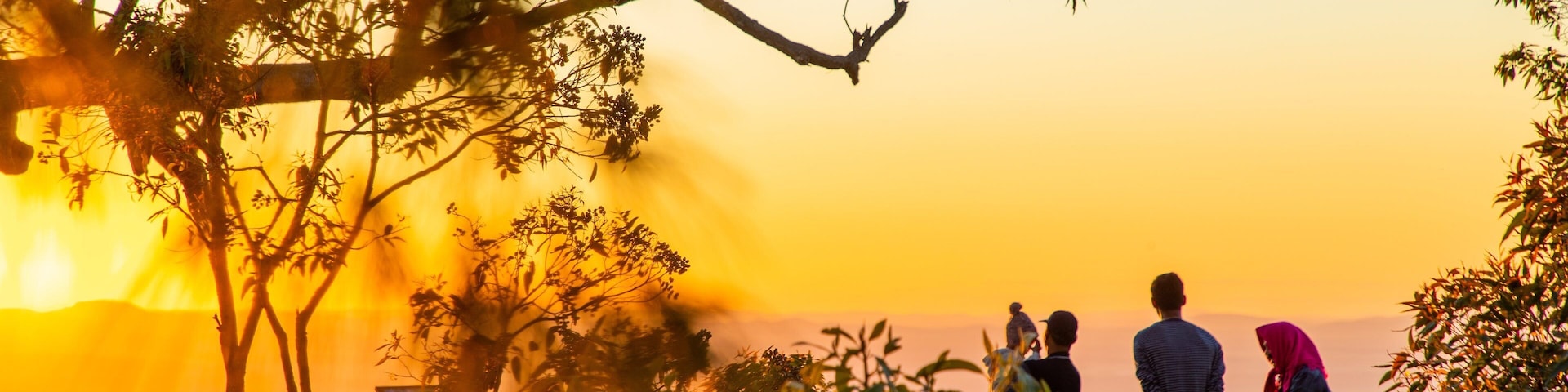 Mt Archer showing a sunset and views as well as a small group of people