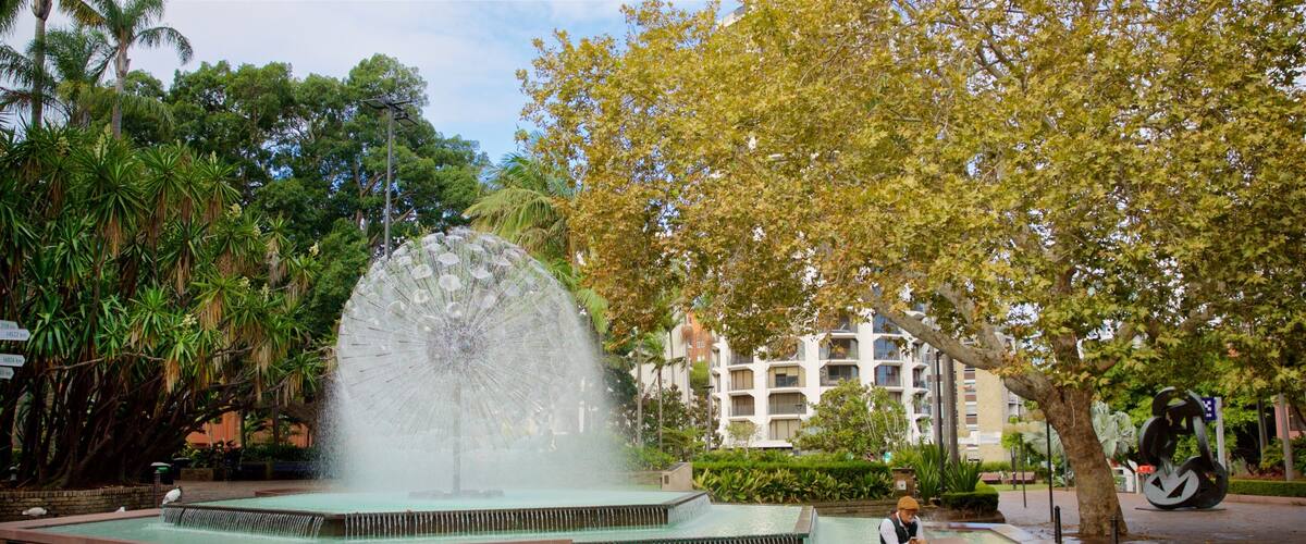 El Alamein Fountain showing a fountain as well as an individual male