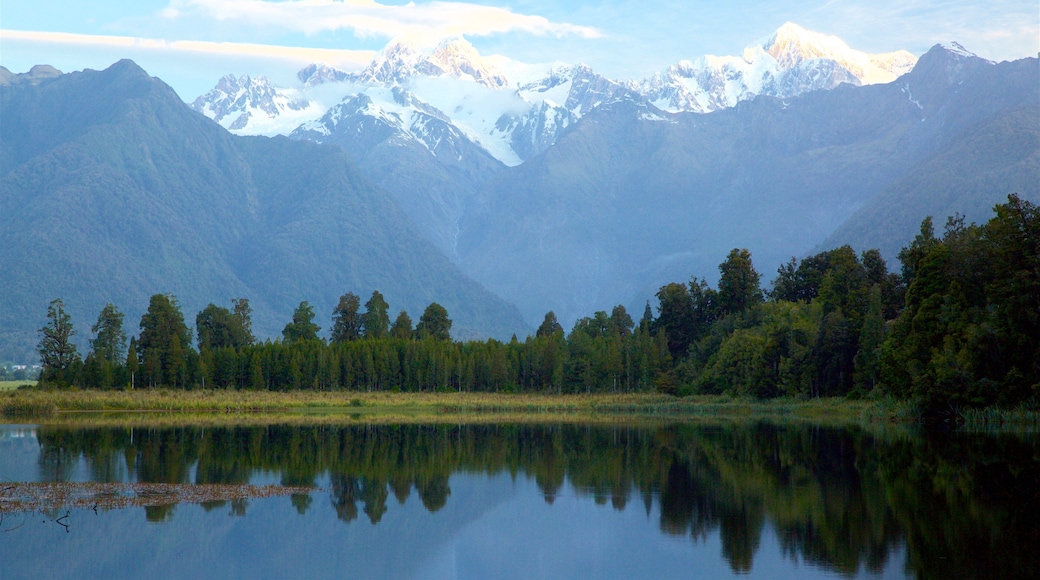 Fox Glacier mettant en vedette forĂȘts, montagnes et lac ou Ă©tang