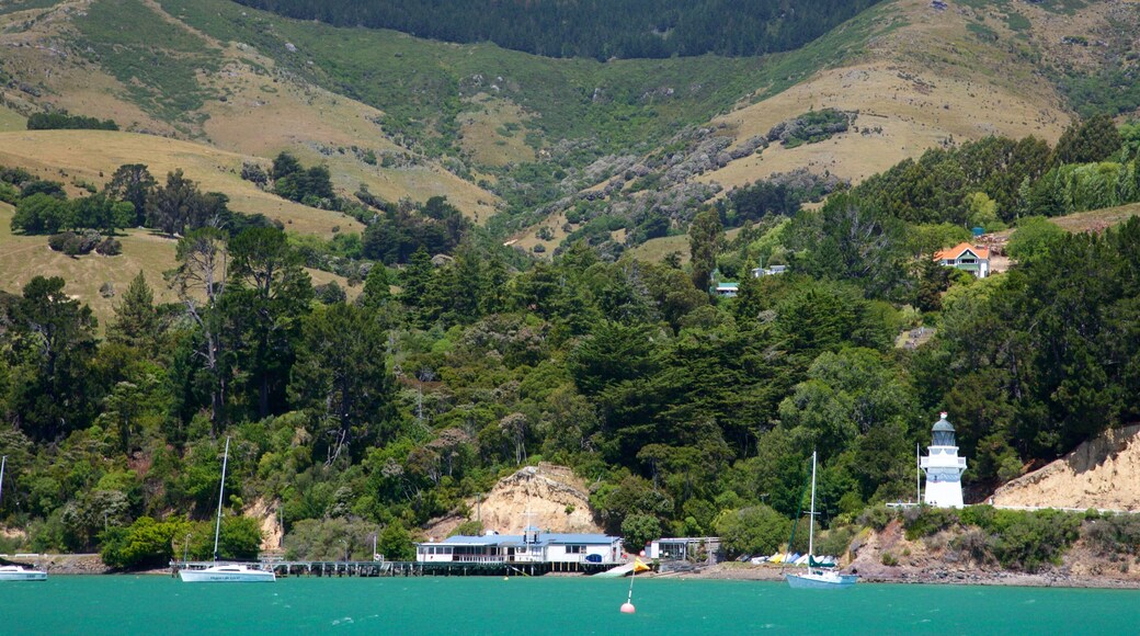 Akaroa Lighthouse som viser bukt eller havn, rolig landskap og fyrtårn