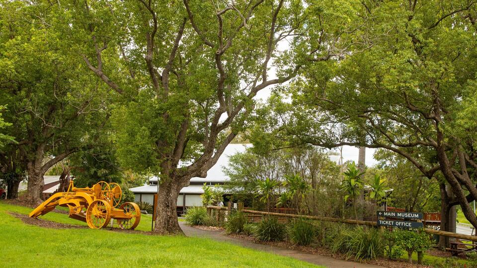 A large yellow Caterpillar excavator in a park with trees and a sign for the Main Museum and Ticket Office.