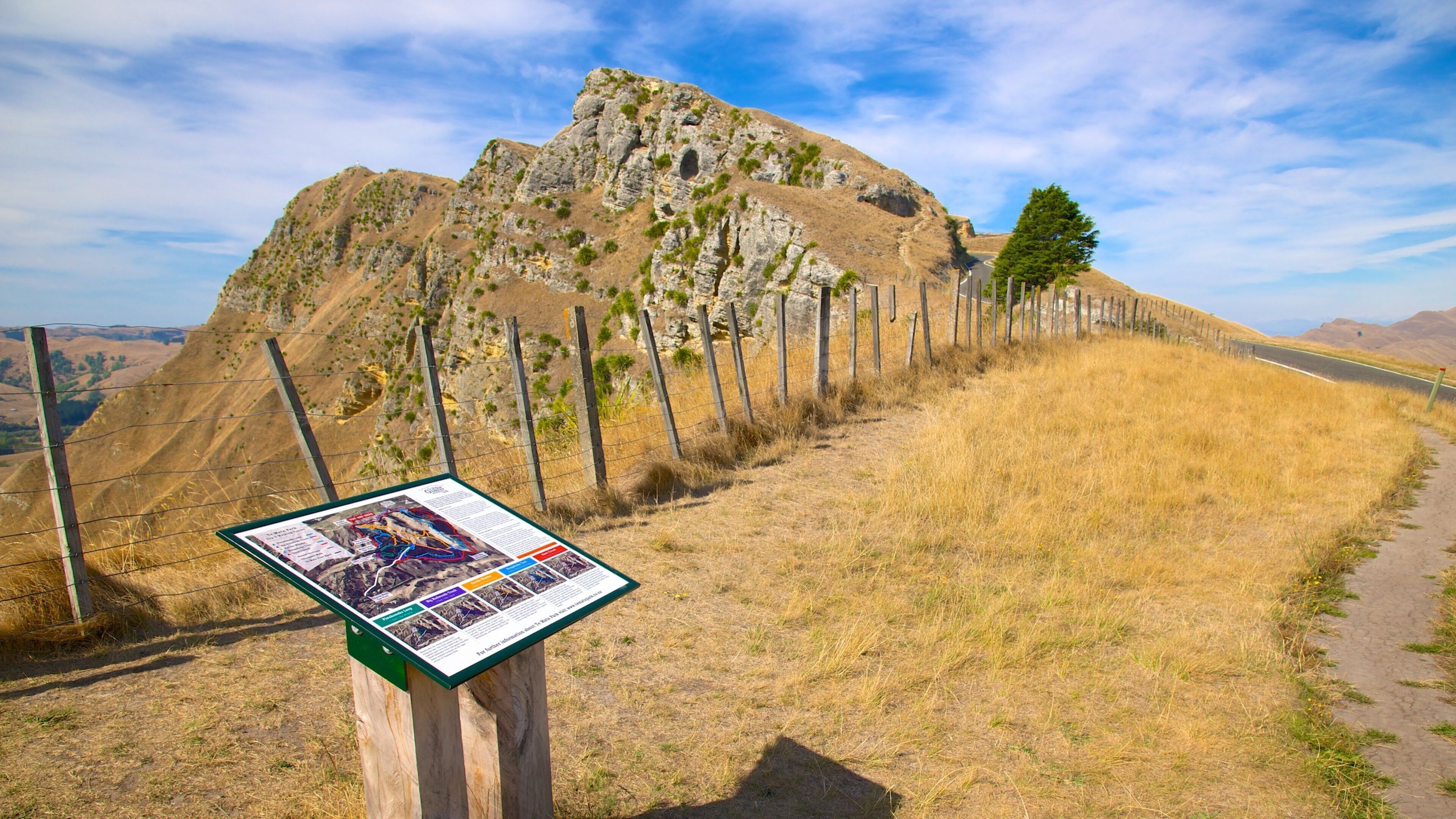 Te Mata Peak showing signage and mountains