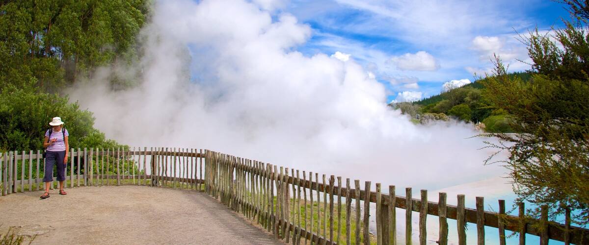 A wooden fence, a person, and a misty landscape.
