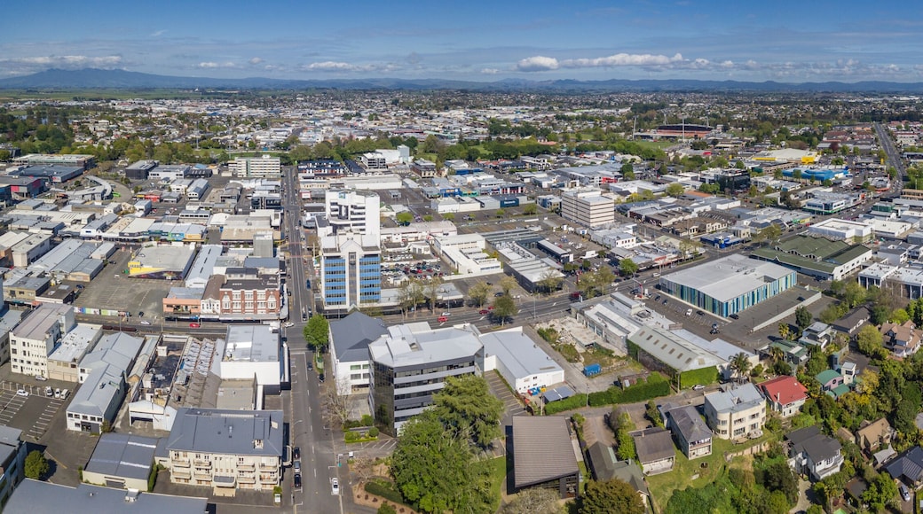 Aerial drone panoramic view over the Waikato River as it cuts through the city of Hamilton, in the Waikato region of New Zealand
