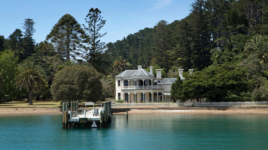 Kawau island New Zealand. The Victorian Mansion house and the jetty. Coast North Island.