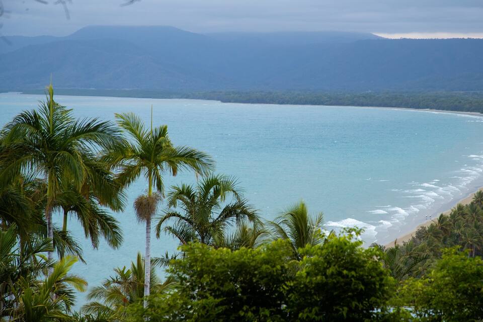 A coastal landscape with a sandy beach, palm trees, and a calm sea.