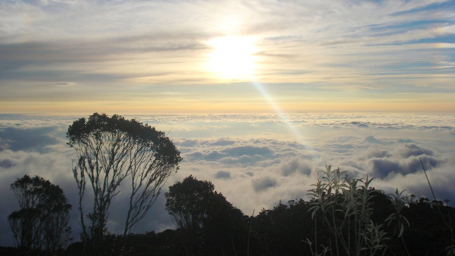 Farallones de Cali National Park which includes landscape views and a sunset