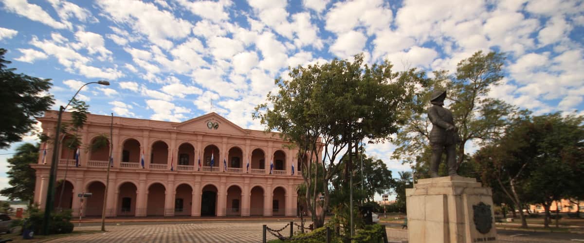 Building of Museum Cabildo, Legislative Palace and statue in center of capital Asuncion. Paraguay, built in 1857. South America.