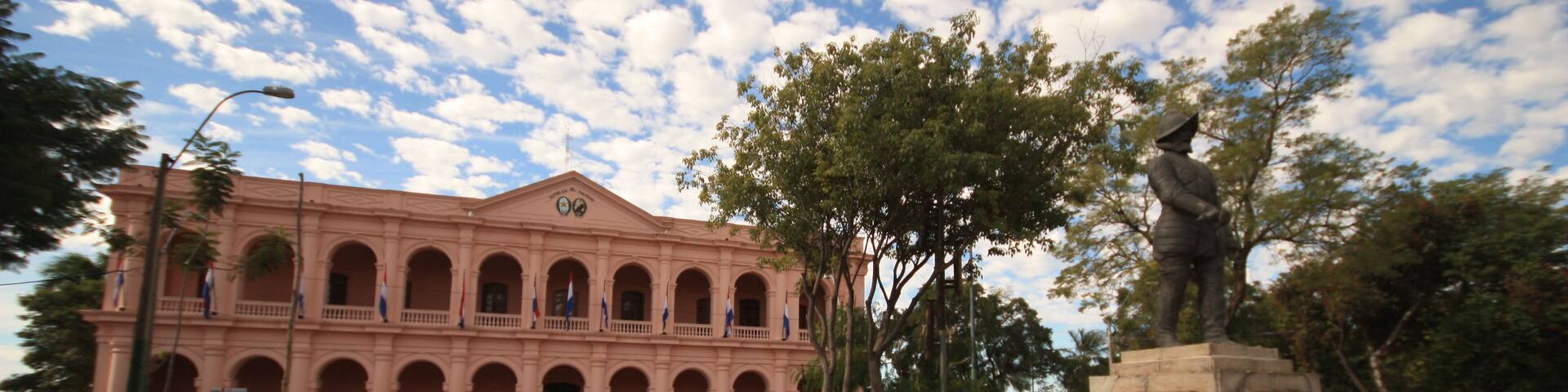 Building of Museum Cabildo, Legislative Palace and statue in center of capital Asuncion. Paraguay, built in 1857. South America.