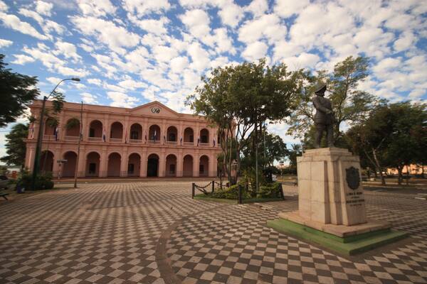 Building of Museum Cabildo, Legislative Palace and statue in center of capital Asuncion. Paraguay, built in 1857. South America.