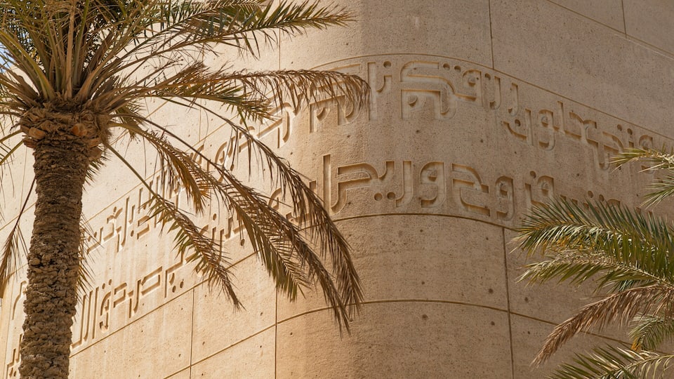 A palm tree in front of a building with carved Arabic script.