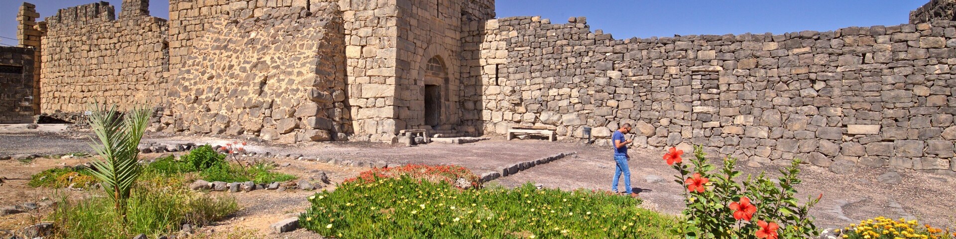 Qasr al-Azraq showing building ruins, wildflowers and heritage elements
