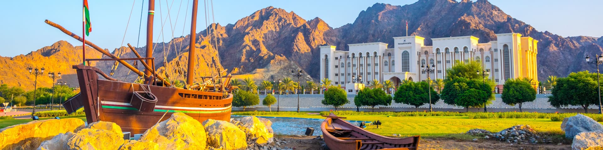 Famous Sohar boat from Omani seafarer Ahmed bin Majid at the Al Bustan Roundabout in Muscat Oman