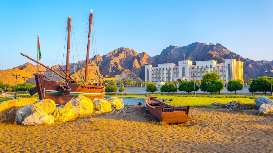Famous Sohar boat from Omani seafarer Ahmed bin Majid at the Al Bustan Roundabout in Muscat Oman