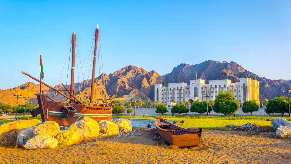 Famous Sohar boat from Omani seafarer Ahmed bin Majid at the Al Bustan Roundabout in Muscat Oman